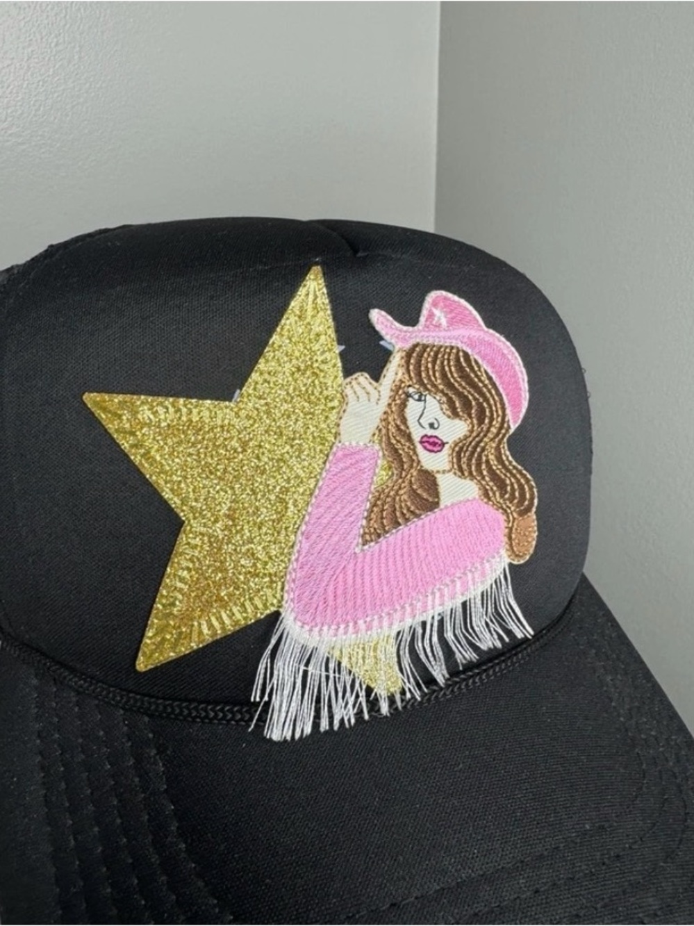 Black Trucker Hat with Pink Cowgirl Patch and Gold Star
